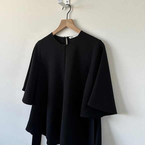 Zara Black Flowy Top Blouse Tie Bow Bell sleeves Size S - Picture 6 of 12